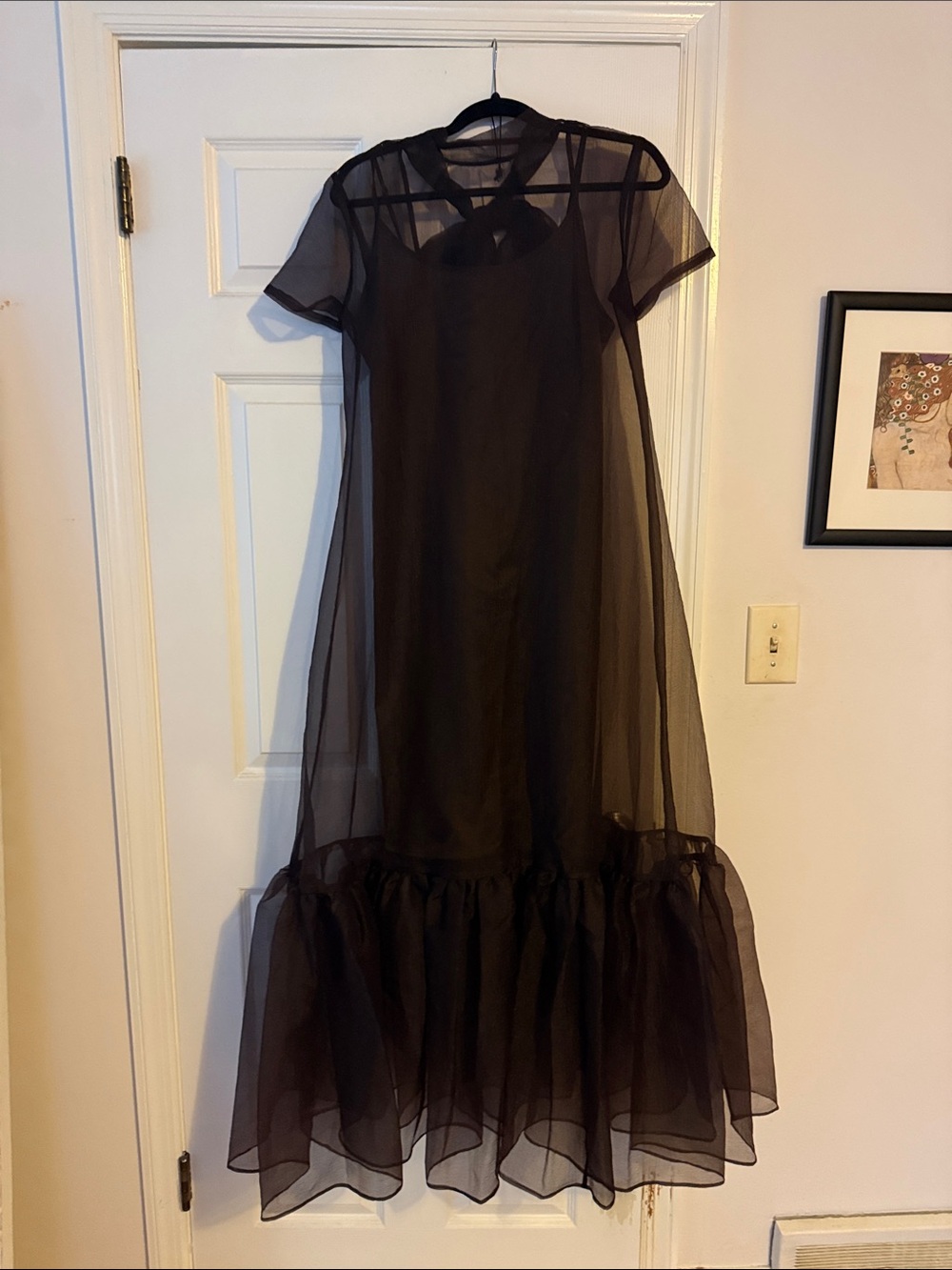 STAUD Sheer Maxi Dress with Ruffle Hem and Back Box. Color Earth